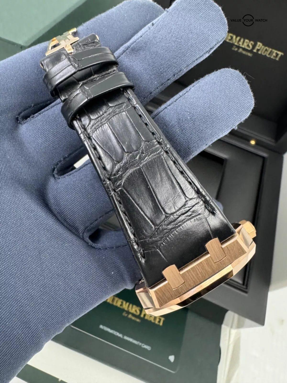 2022 Box Papers Rose Gold Black Dial Royal Oak 41mm on Black Leather Strap - Image 6