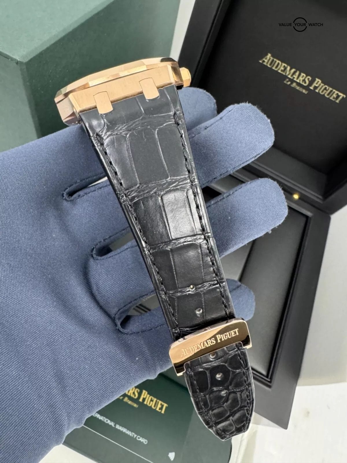 2022 Box Papers Rose Gold Black Dial Royal Oak 41mm on Black Leather Strap - Image 7