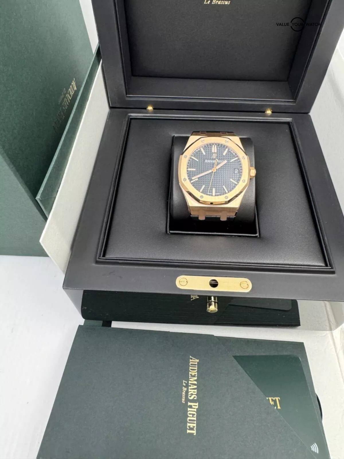 2022 Box Papers Rose Gold Black Dial Royal Oak 41mm on Black Leather Strap - Image 8