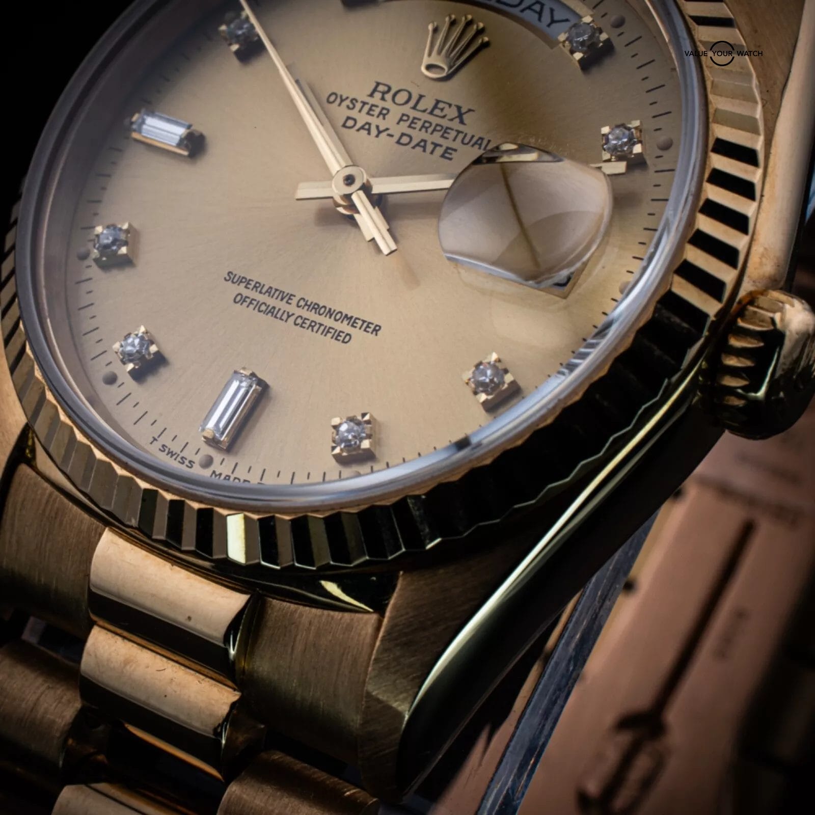 Rolex 18K Day-Date, Factory Diamond dial & President Bracelet, Ref. 18238 w/ Box - Image 7