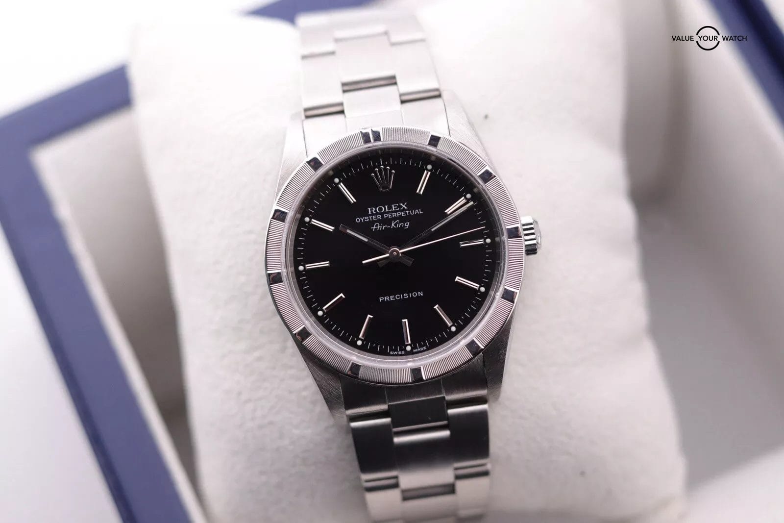 ROLEX Air king 14010 Engine Turned Bezel black Dial With CPO Card