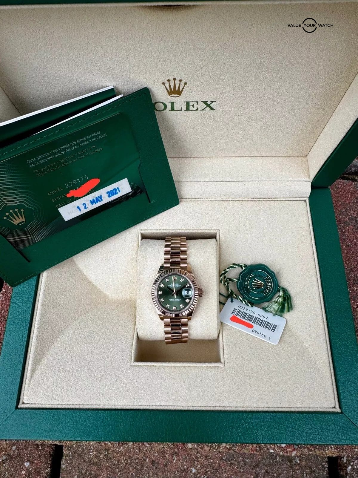 Rolex Lady-Datejust 28 Rose Gold President 279175 - Olive Green Diamond - Image 8
