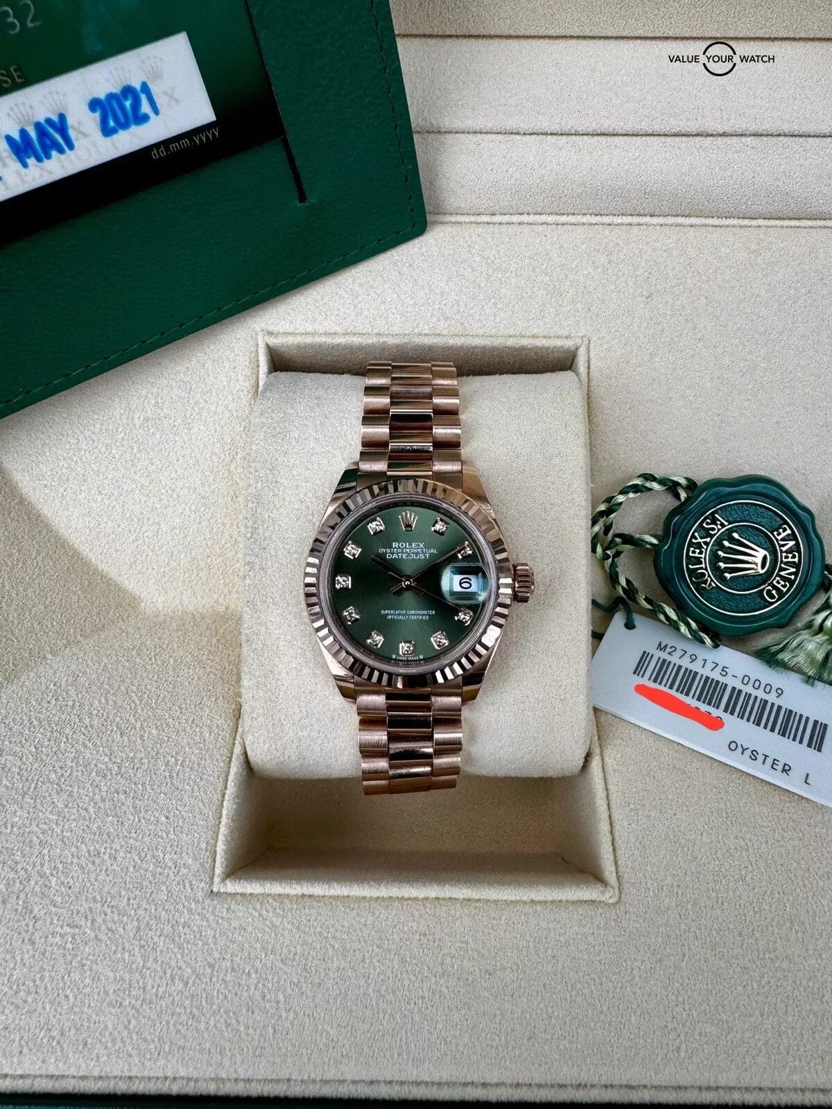 Rolex Lady-Datejust 28 Rose Gold President 279175 - Olive Green Diamond - Image 9