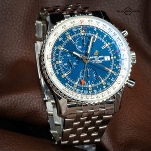 Breitling Navitimer World Chronograph GMT SERVICED 46 World Blue Dial Box Papers Stainless Steel Chrono