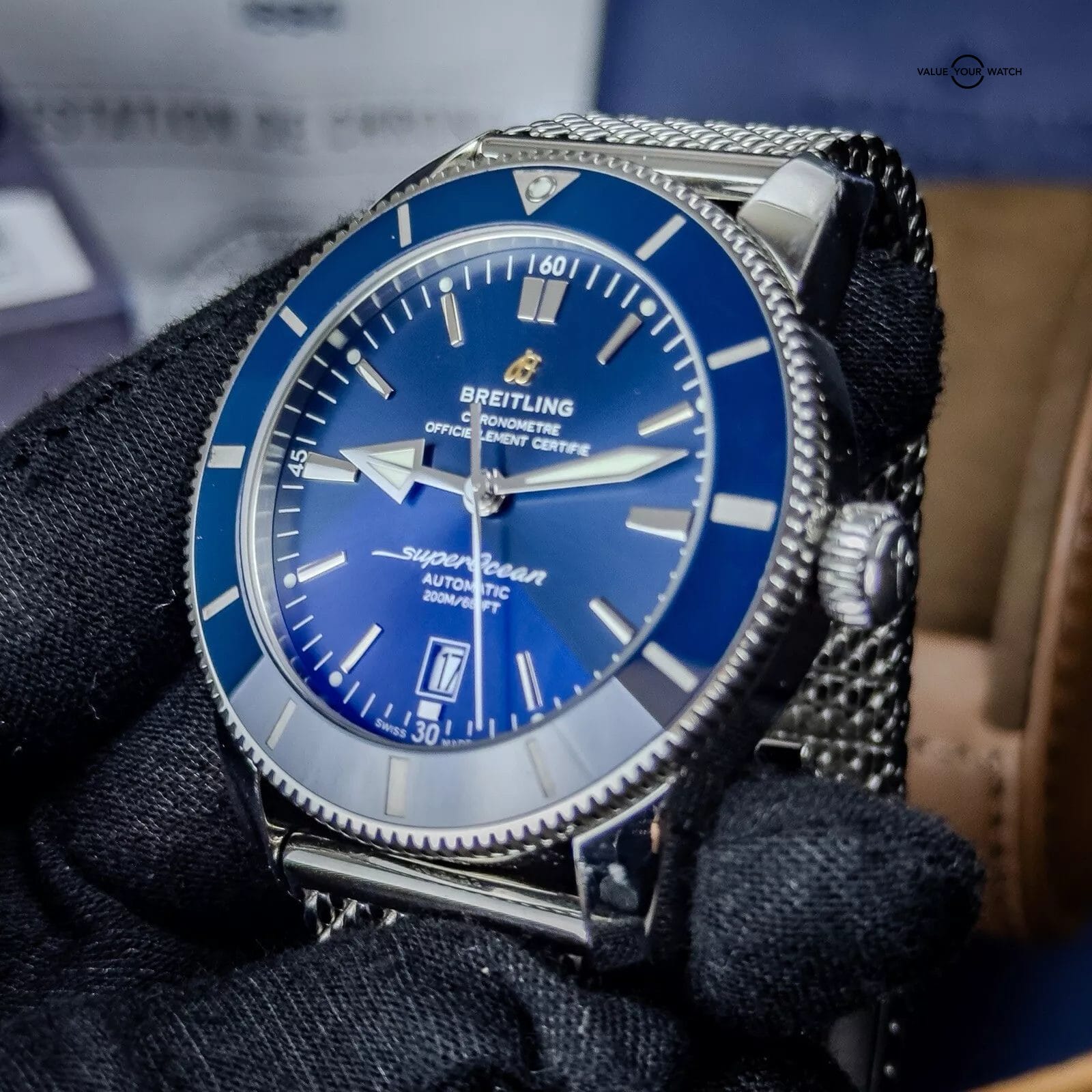 Breitling Superocean Heritage II Blue Dial Mesh Bracelet Complete Set - AB2020 - Image 7