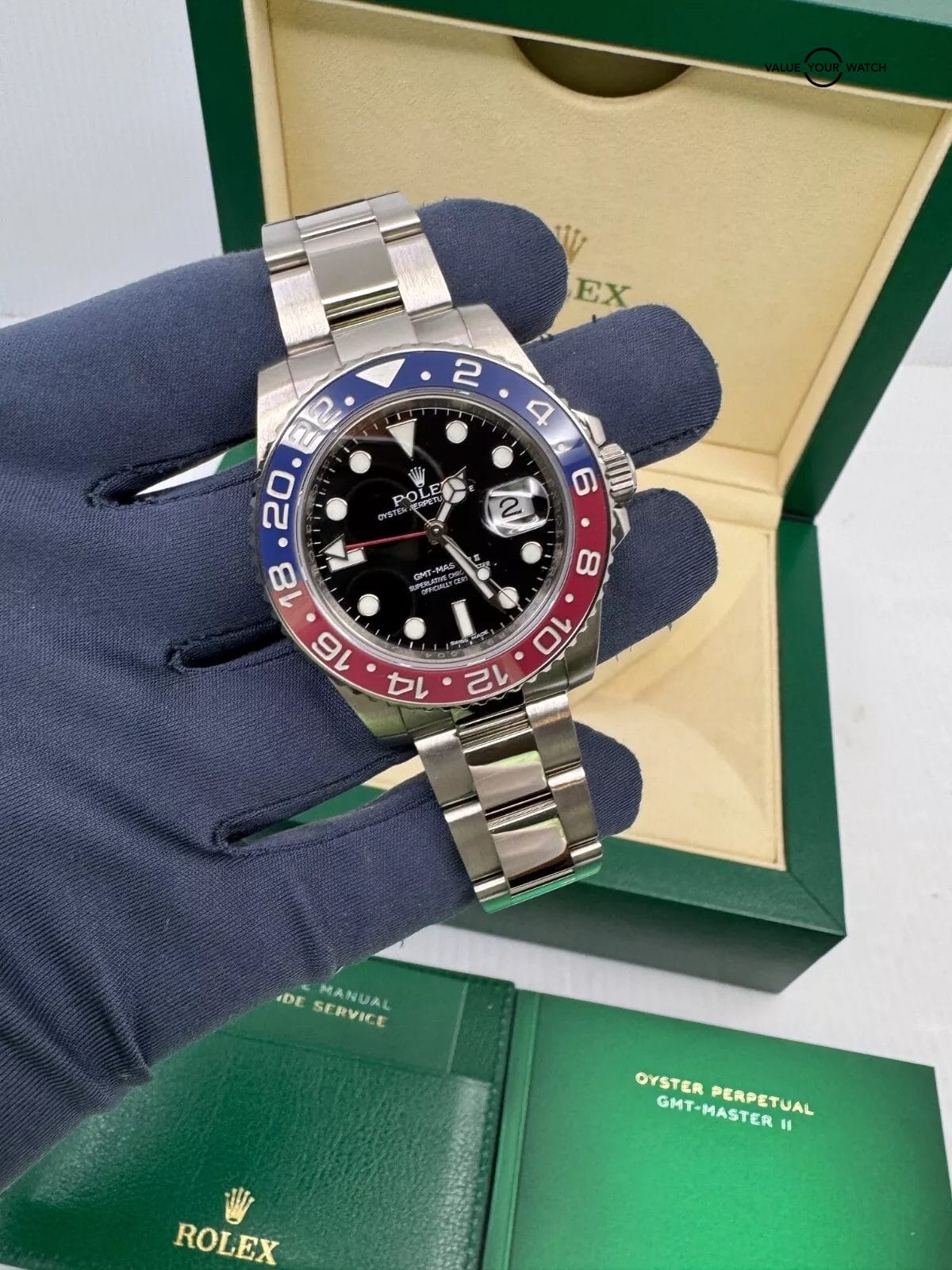 White Gold Rolex GMT-Master II Pepsi with Box 40mm Black Dial 116719BLRO Watch