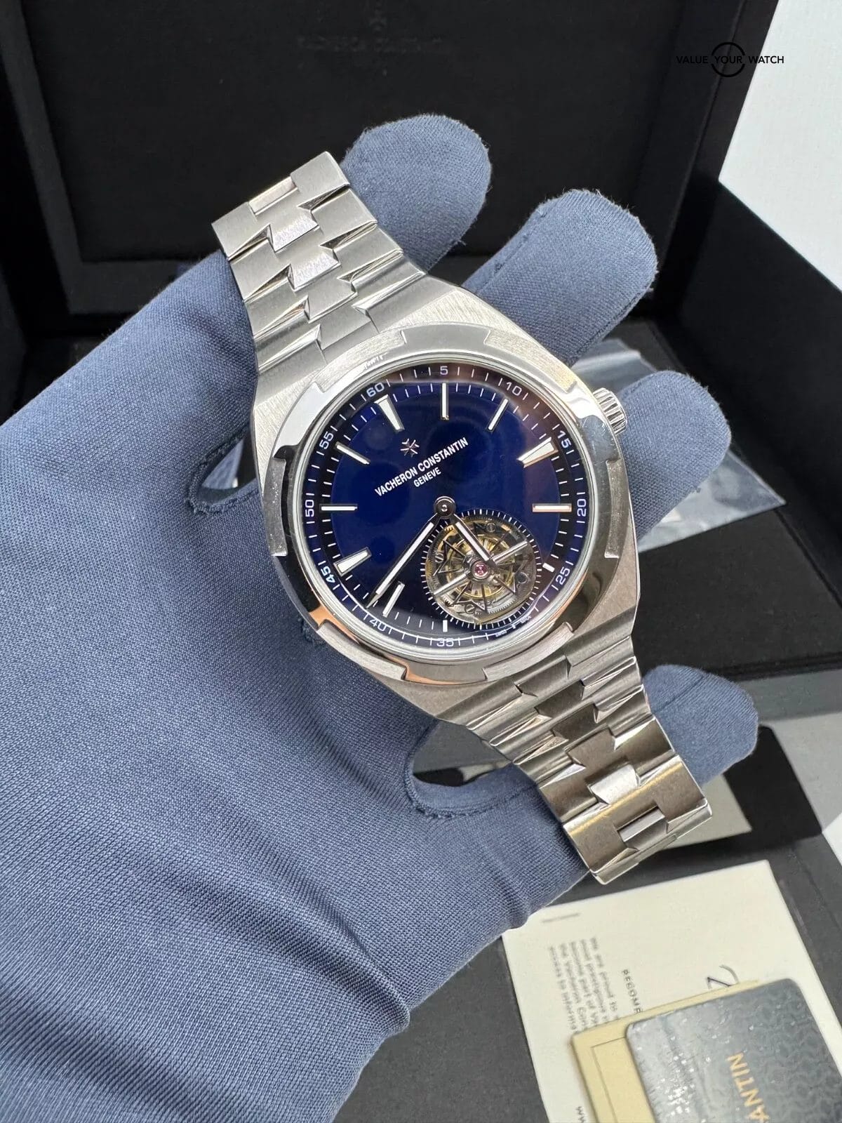2019 Unpolished Box Papers Steel Blue Dial Overseas Tourbillon Rubber and Steel