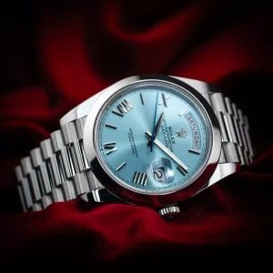 Rolex Day-Date 40 228206 Ice Blue Roman Dial Platinum Smooth Bezel Box &amp; Papers