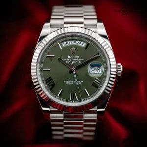 Rolex Day-Date 40mm 228239 White Gold Olive Roman Dial Complete Set Box &amp; Papers