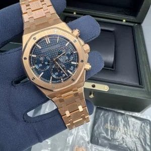 2023 Open Caseback Blue Dial 18k Rose Gold 41mm Royal Oak Chronograph Box Papers