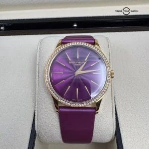 2024 Unworn Purple Dial Factory Diamond Bezel 18k Yellow Gold Calatrava Ladies