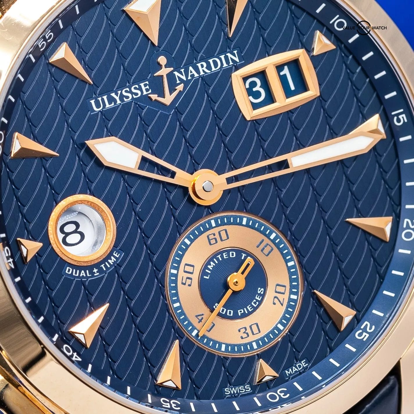 Ulysse Nardin Dual Time 18k Rose Gold Blue Dial Mens Watch 3346-126 Box & Papers - Image 3