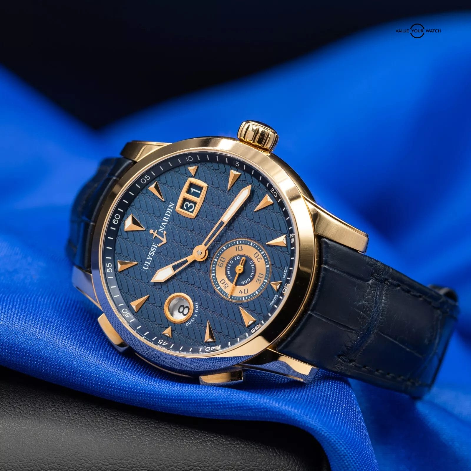 Ulysse Nardin Dual Time 18k Rose Gold Blue Dial Mens Watch 3346-126 Box & Papers - Image 4