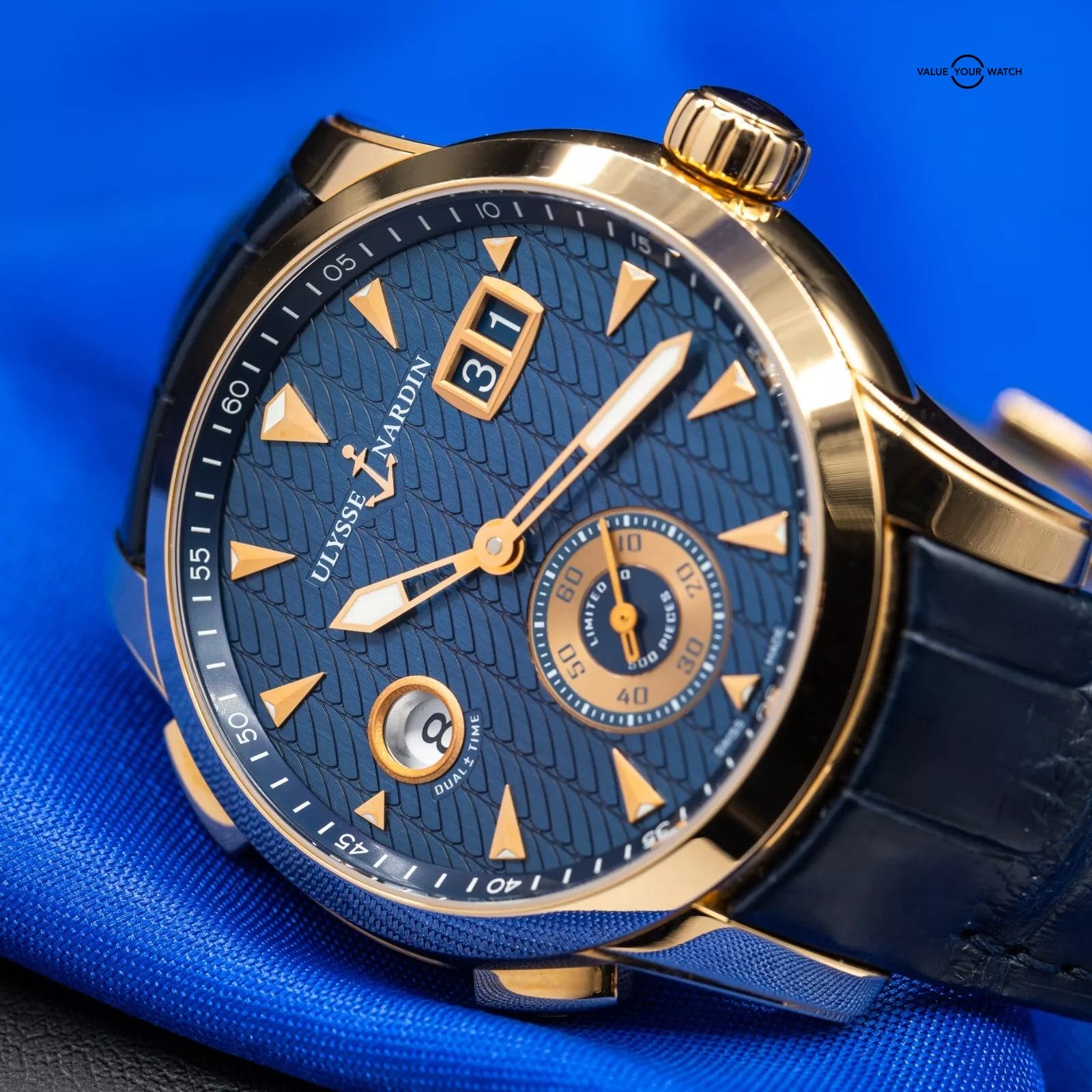 Ulysse Nardin Dual Time 18k Rose Gold Blue Dial Mens Watch 3346-126 Box & Papers - Image 8