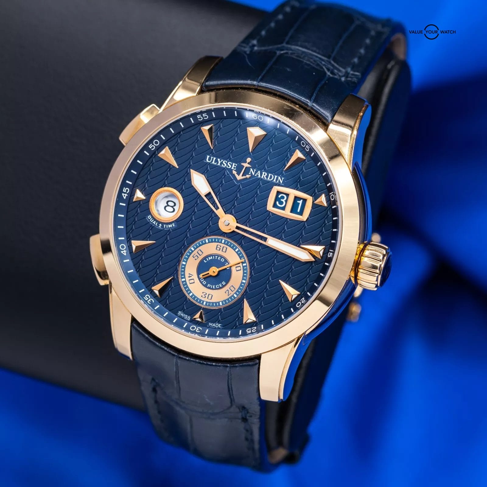 Ulysse Nardin Dual Time 18k Rose Gold Blue Dial Mens Watch 3346-126 Box & Papers - Image 15