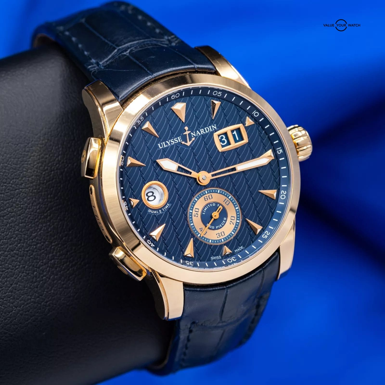 Ulysse Nardin Dual Time 18k Rose Gold Blue Dial Mens Watch 3346-126 Box & Papers - Image 14