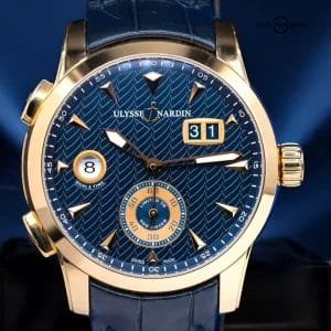 Ulysse Nardin Dual Time 18k Rose Gold Blue Dial Mens Watch 3346-126 Box &amp; Papers