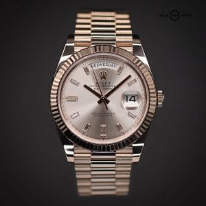 ROLEX Day-Date 40 | Rose Gold | Sundust Dial | Diamond Baguette Markers | Ref. 228235 | Full Set