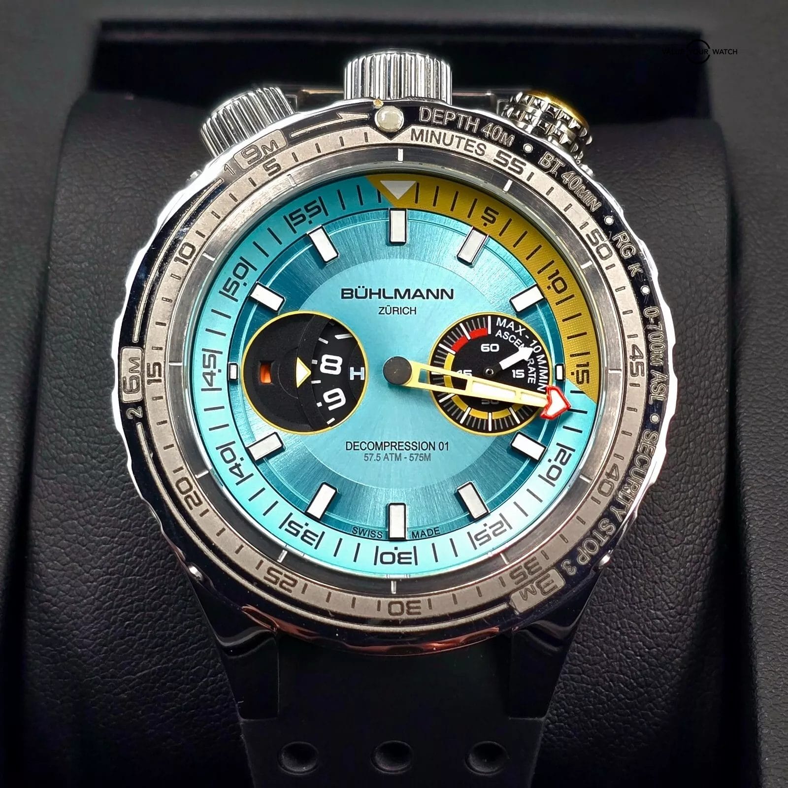 Buhlmann Decompression 01 Drukkammer Aquamarine bullhead Dive watch, 3 Bezels! - Image 3