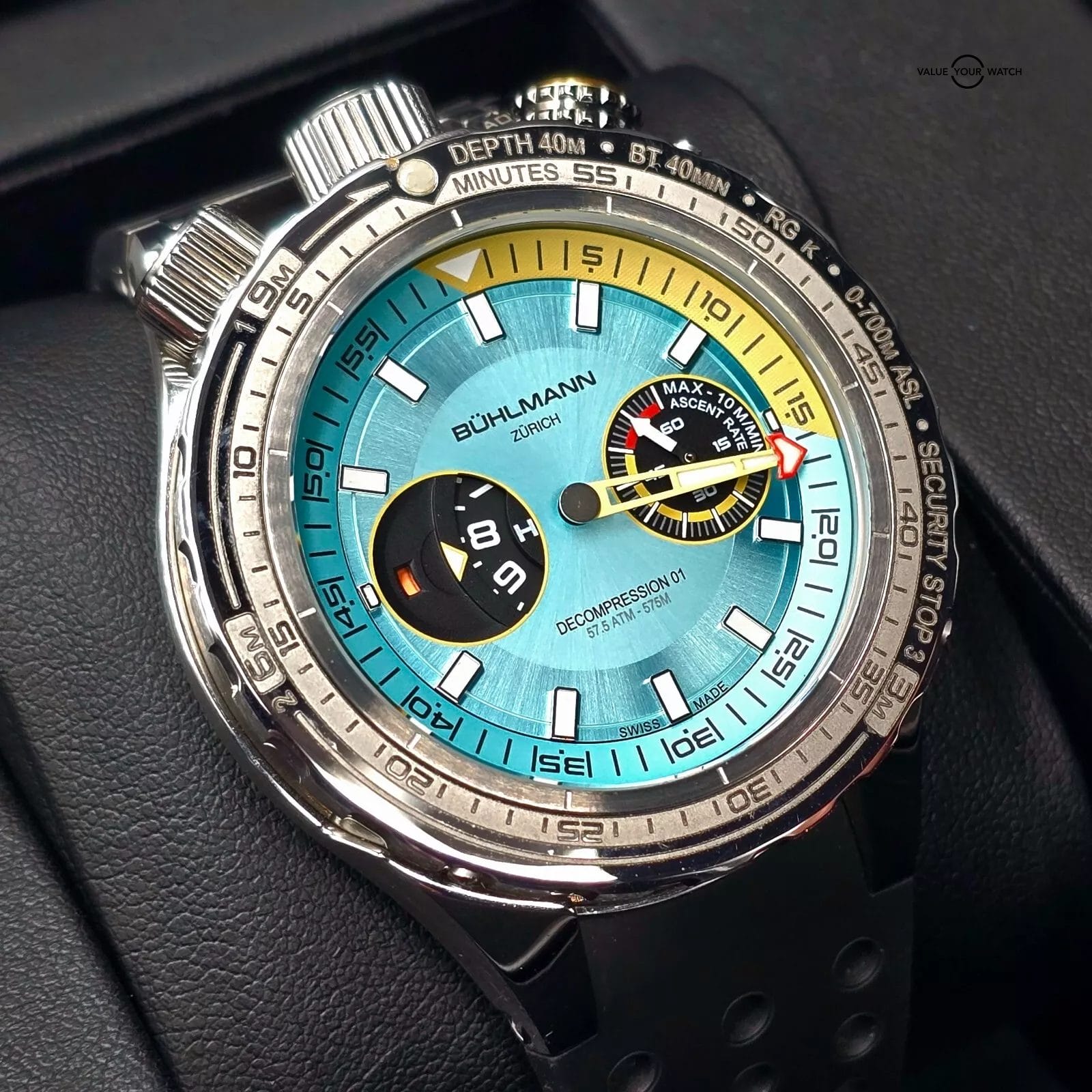 Buhlmann Decompression 01 Drukkammer Aquamarine bullhead Dive watch, 3 Bezels!