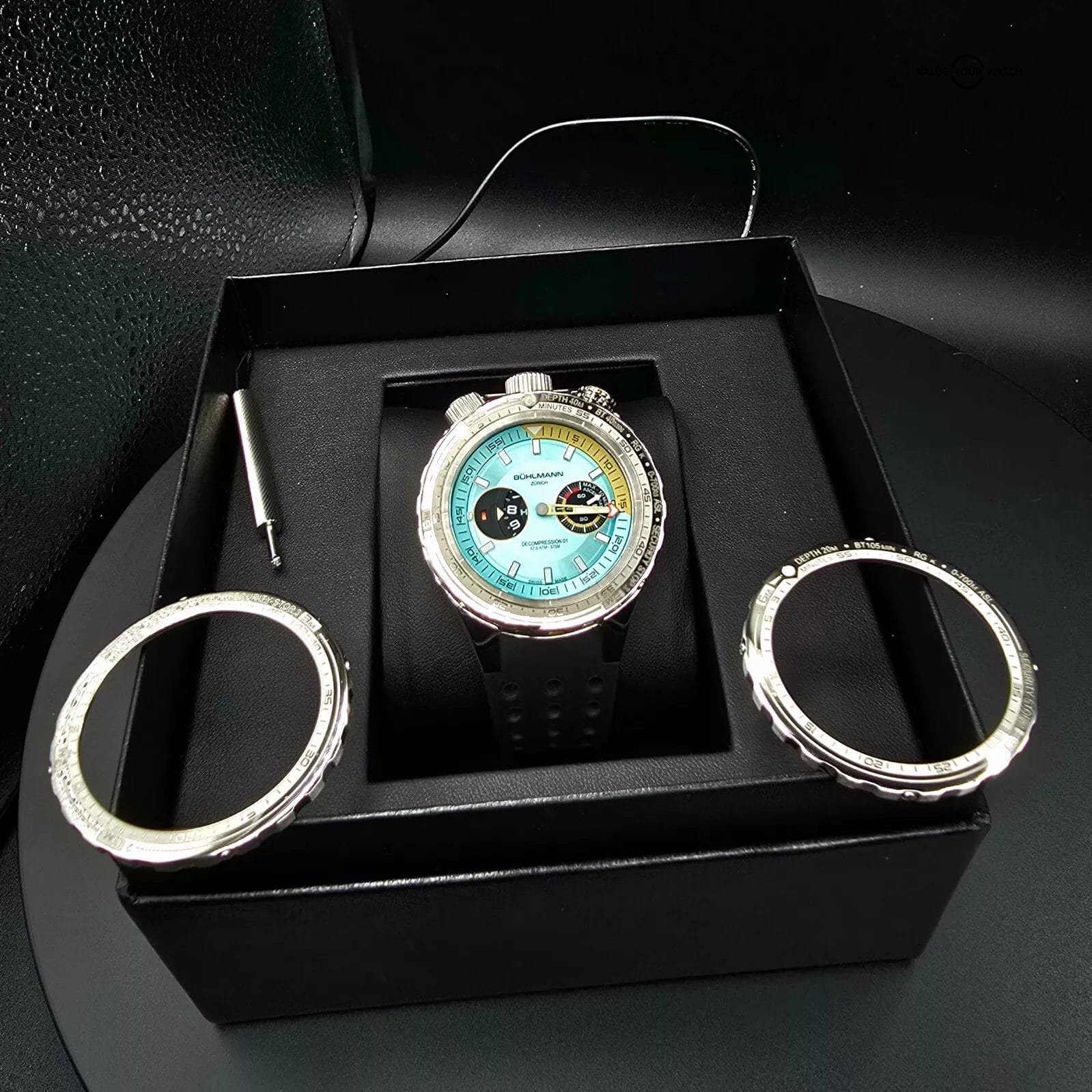Buhlmann Decompression 01 Drukkammer Aquamarine bullhead Dive watch, 3 Bezels! - Image 5