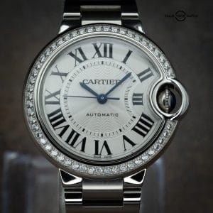 Cartier Ballon Bleu 33mm Steel Diamond Bezel Ladies Watch W4BB0023