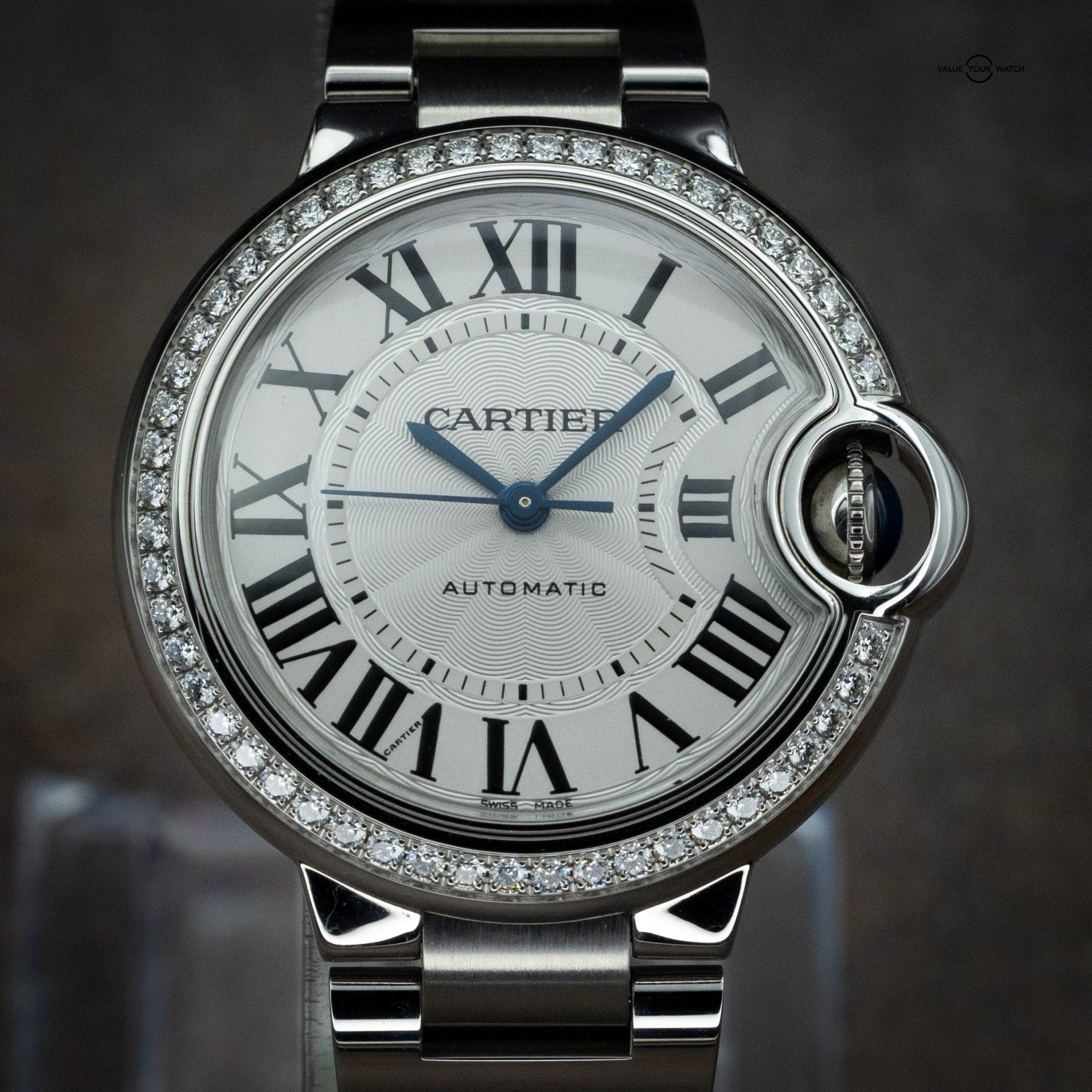 Cartier Ballon Bleu 33mm Steel Diamond Bezel Ladies Watch W4BB0023