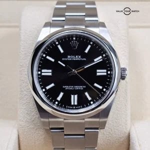Rolex Oyster Perpetual 41mm, ref. 124300 black dial. Brand new and unworn, 2023