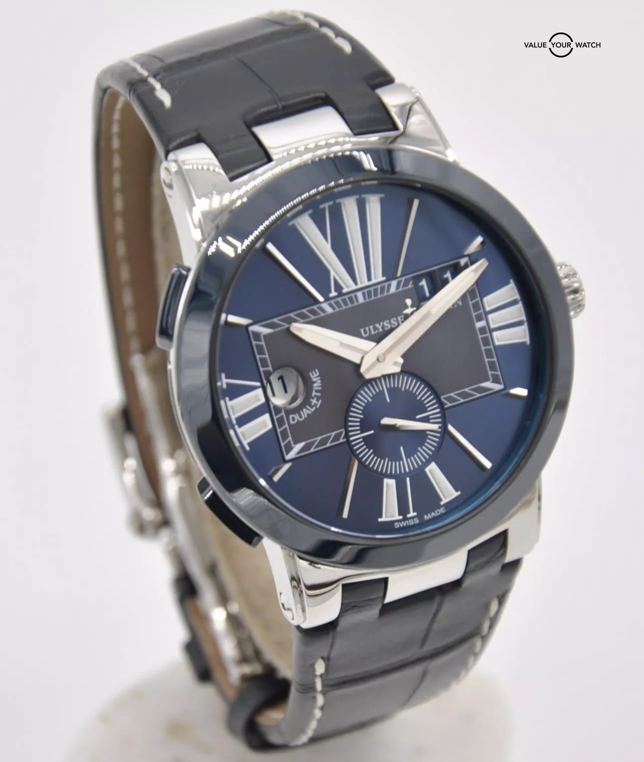 Ulysse Nardin Executive Dual Time Blue Steel Ceramic 243-00 43mm on Leather Strap