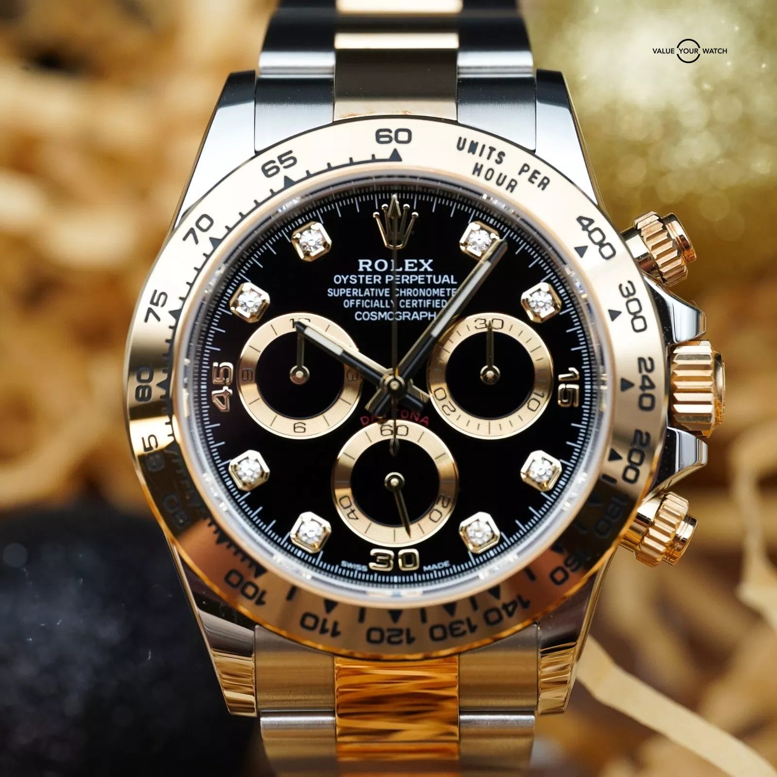 ワインディング セット Rolex Daytona Yellow Gold Two-Tone Black Diamond Dial 116503