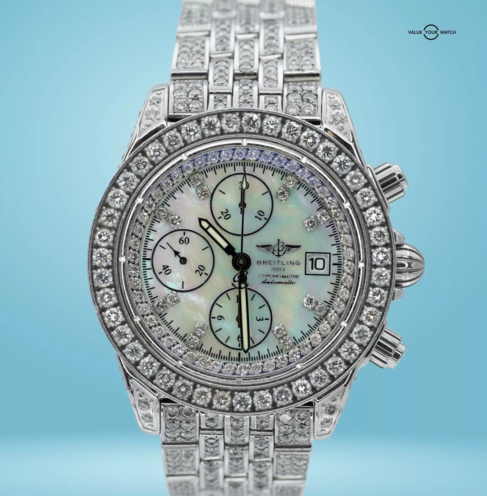 Breitling Chronomat Evolution A13356 Diamonds Iced Out Mother of Pearl Dial!