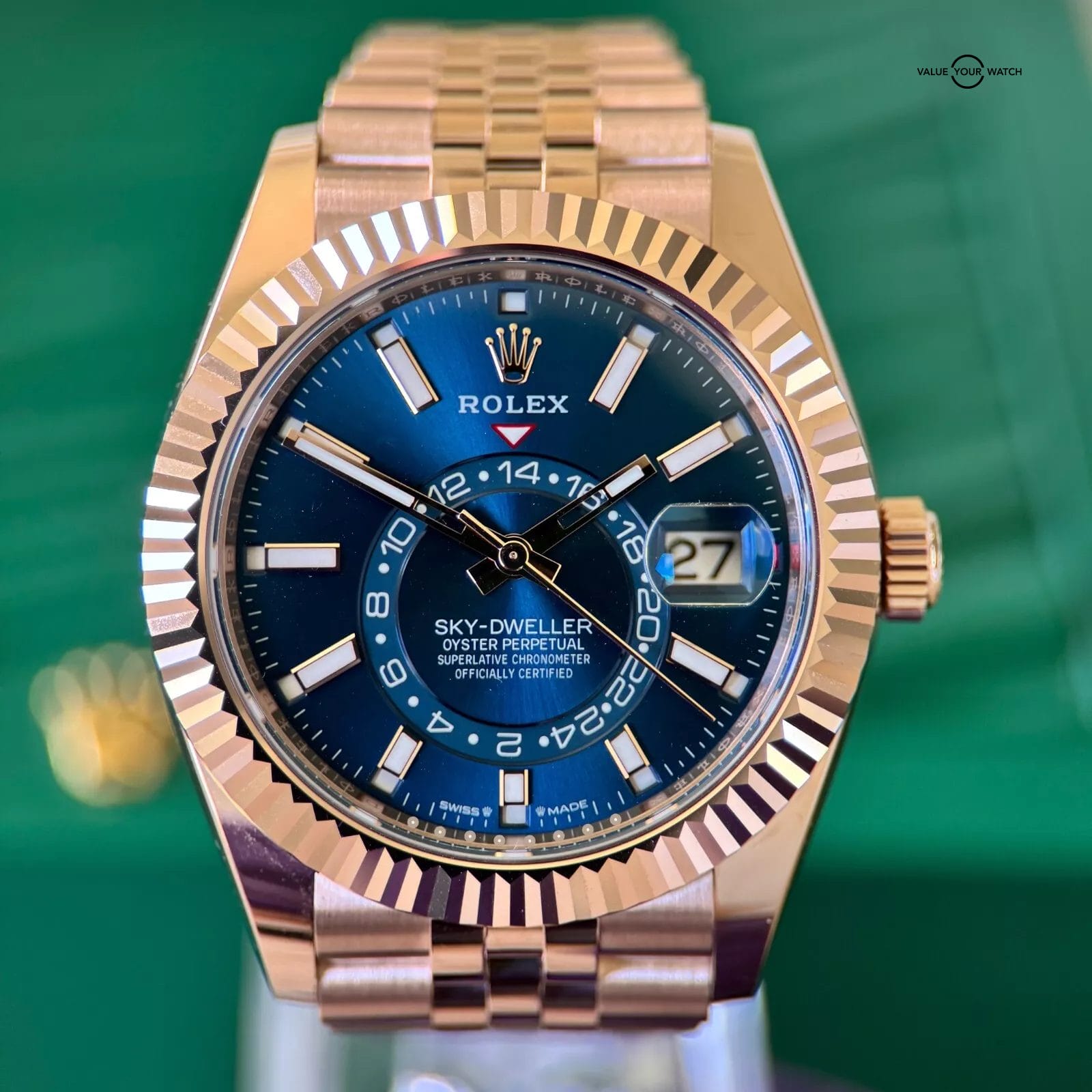 2025 Rolex Sky-Dweller Rose Gold Blue Dial Jubilee Fluted - Pristine Full Set