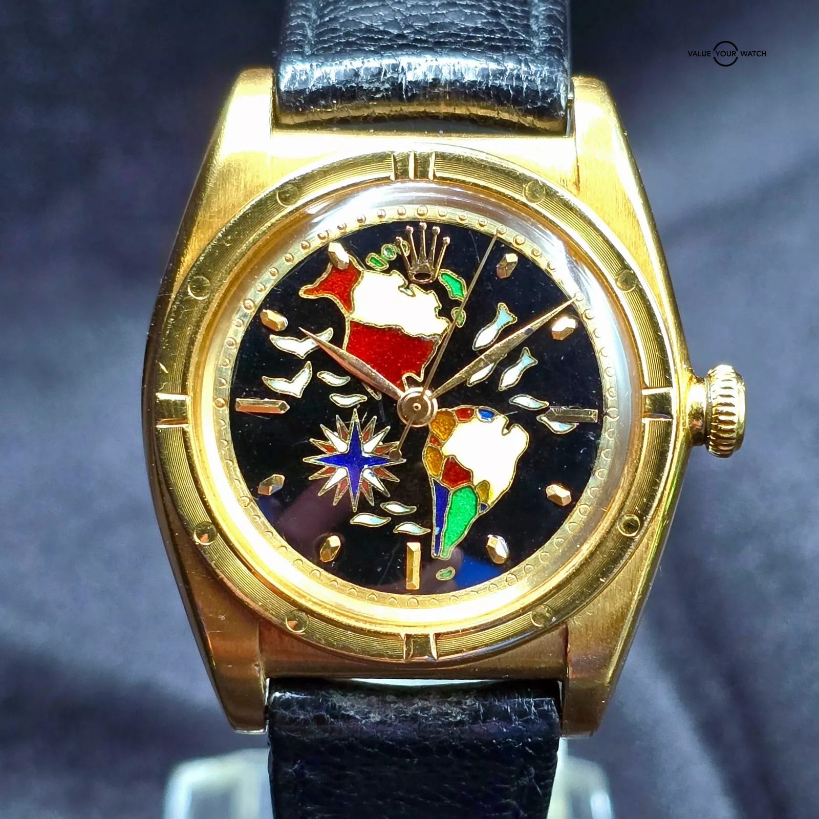 Rolex Oyster Perpetual Bubble Back 18k yellow gold, AM Cloissone enamel dial - Image 15