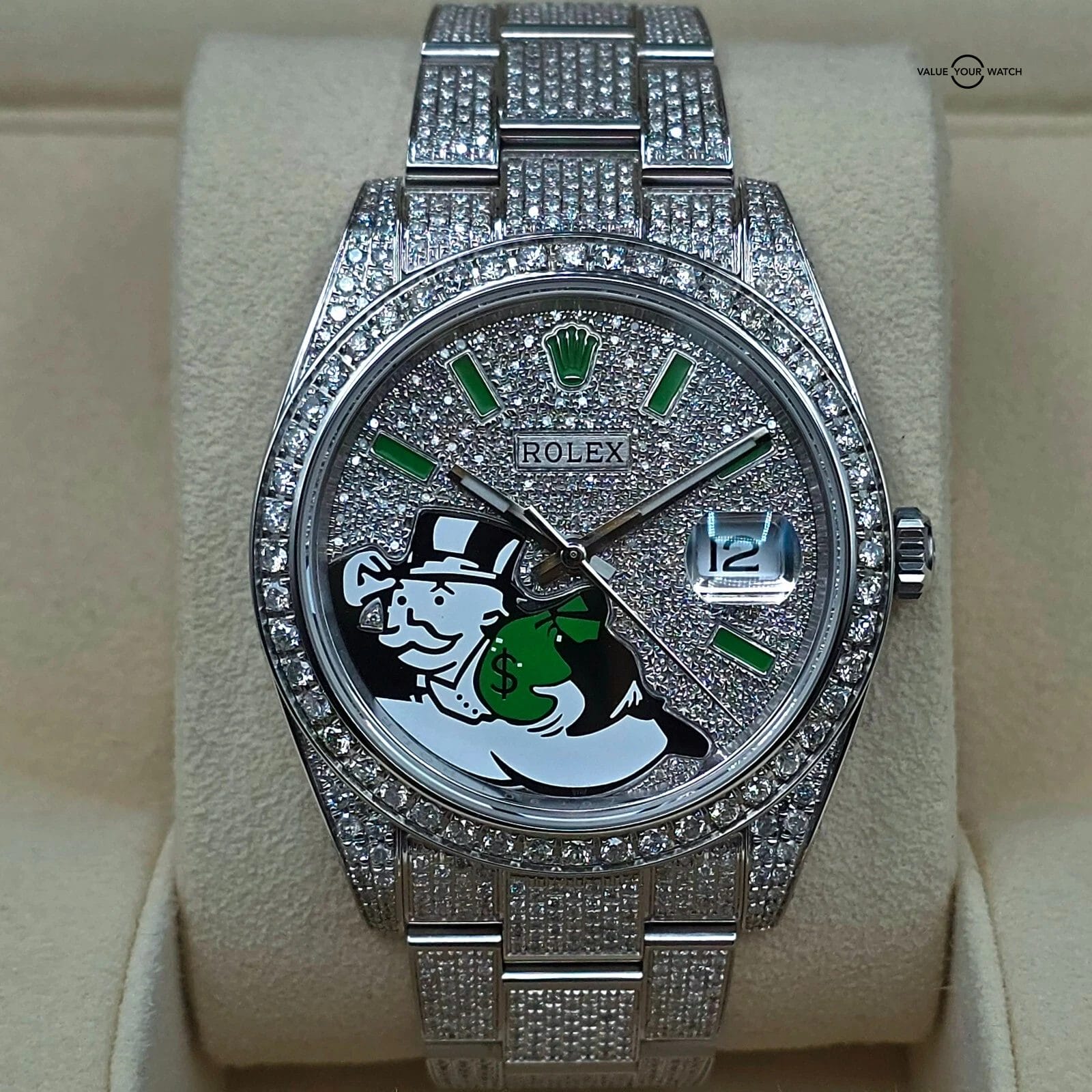 Rolex Datejust Diamond custom green pave Monopoly Dial 41mm w box and card VIDEO