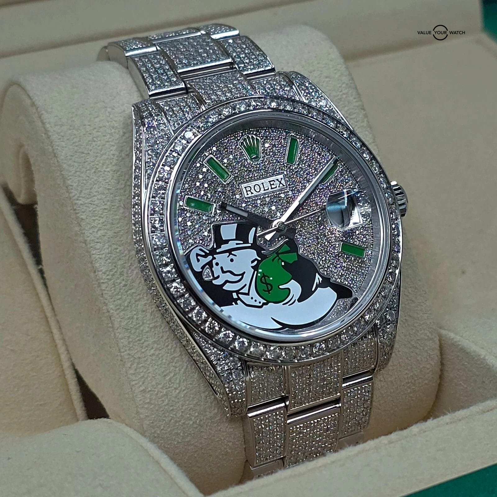 Rolex Datejust Diamond custom green pave Monopoly Dial 41mm w box and card VIDEO - Image 6