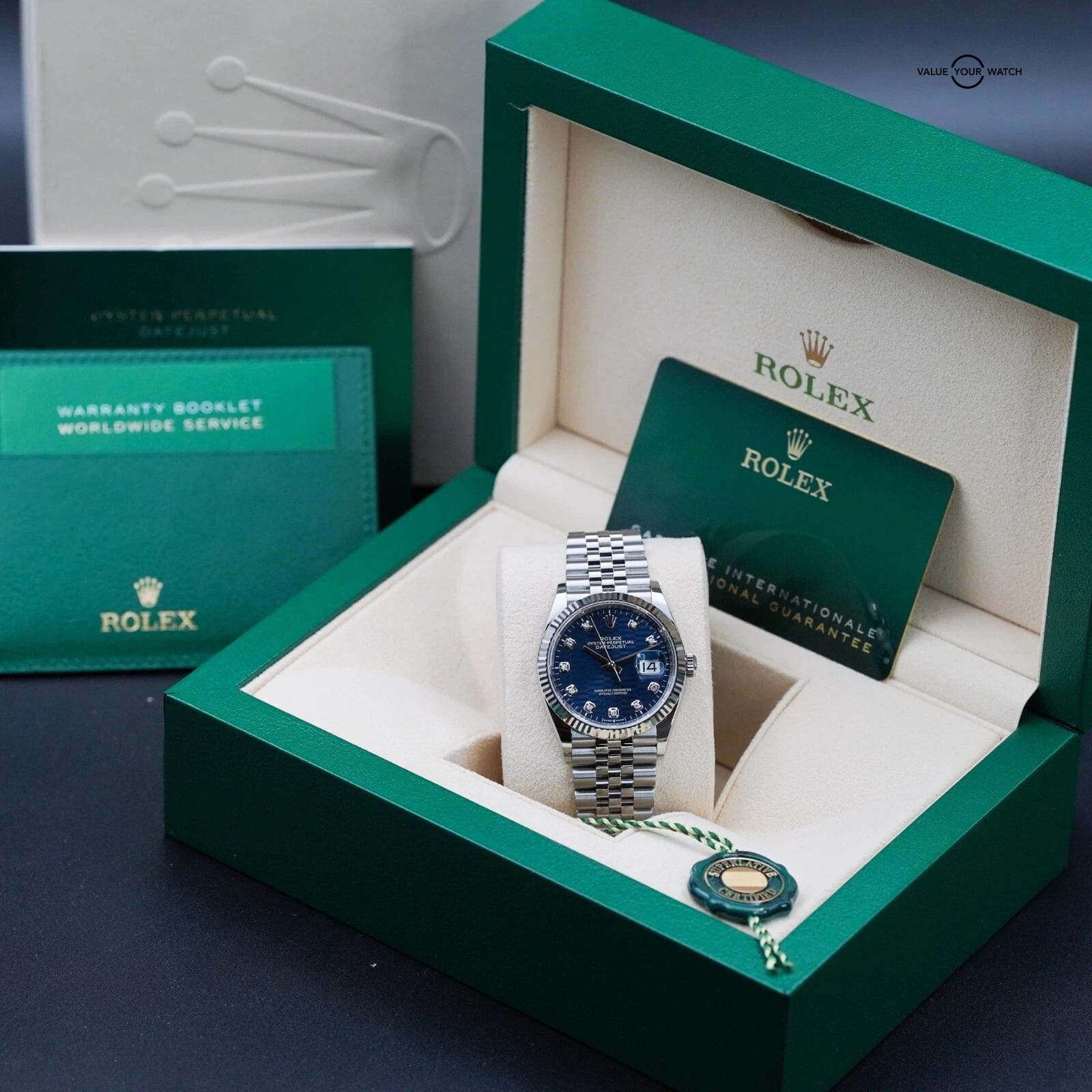 Rolex Datejust 126234 36 - Blue Motif Diamond Dial - Fluted Jubilee - 2023 Full - Image 2