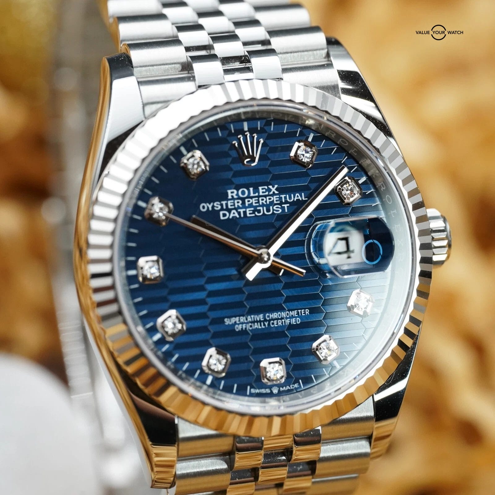 Rolex Datejust 126234 36 - Blue Motif Diamond Dial - Fluted Jubilee - 2023 Full - Image 4