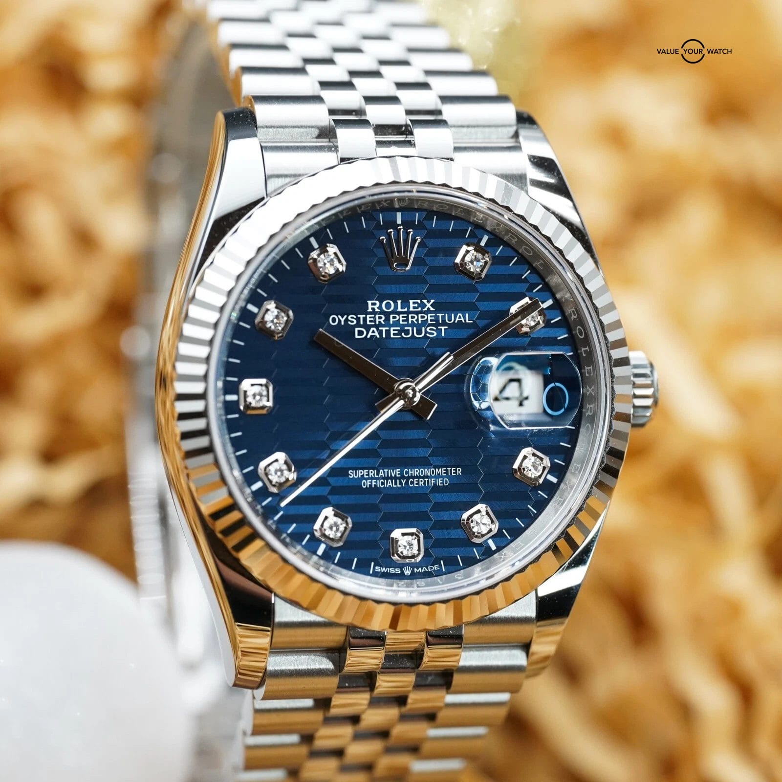 Rolex Datejust 126234 36 - Blue Motif Diamond Dial - Fluted Jubilee - 2023 Full - Image 14