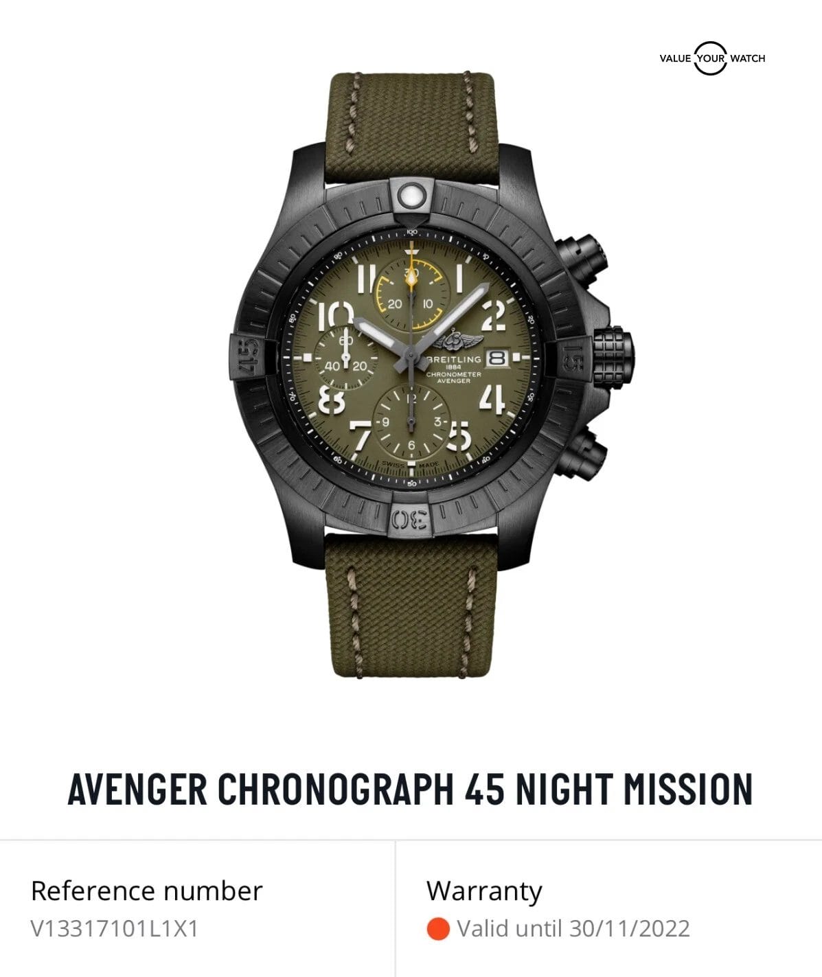 Breitling Avenger 45MM Night Mission Military Green V13317 Chronograph Watch - Image 5