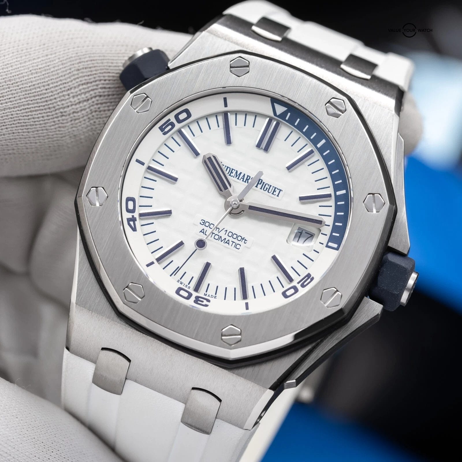 Audemars Piguet Royal Oak Offshore White Blue Accents Men's Diver Watch 15710ST - Image 5