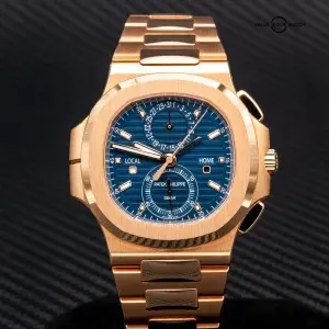 UNWORN 2021 Patek Philippe Nautilus 5990/1R Travel Time Chronograph Blue Dial