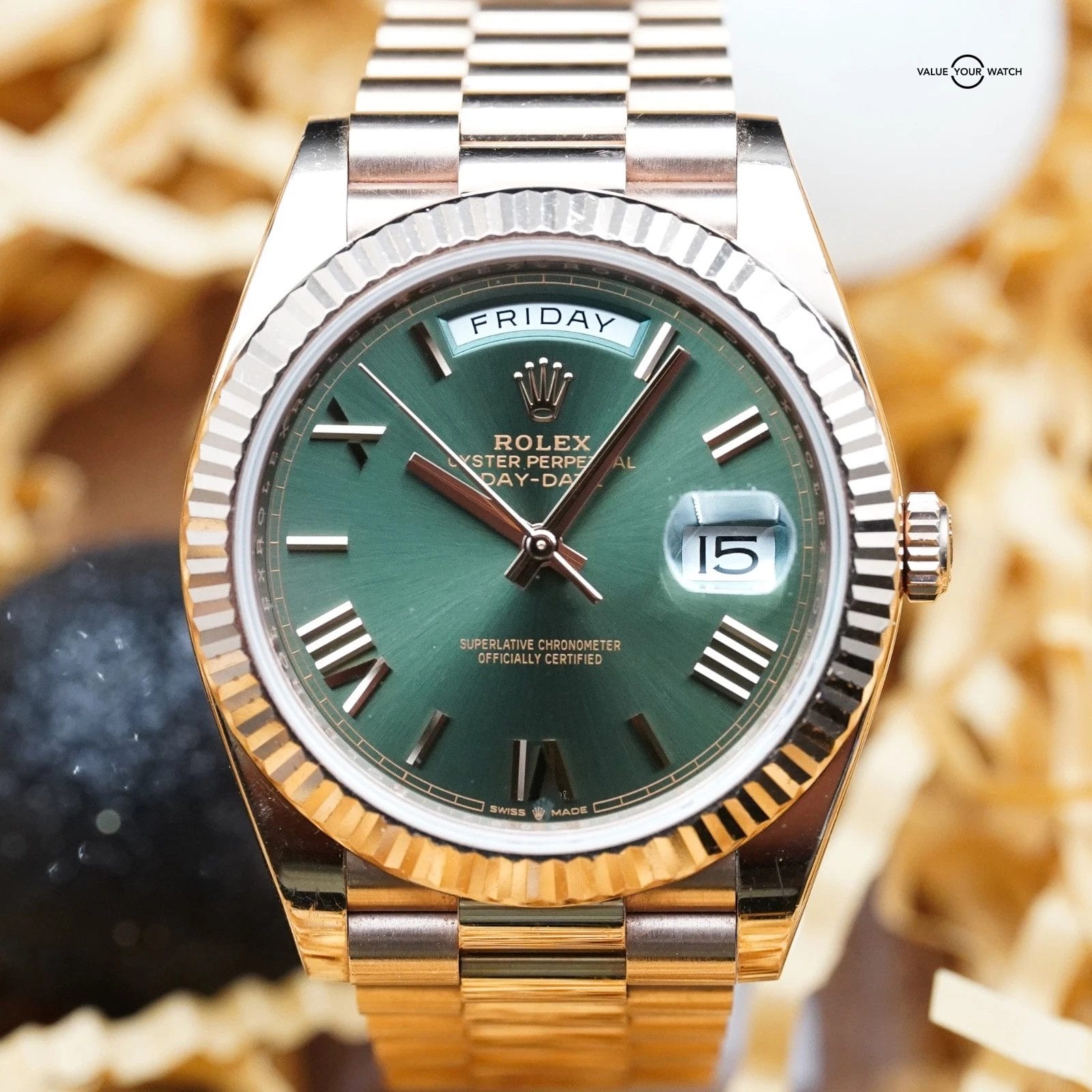 Rolex Day-Date Olive Rose Gold - 228235 President 40mm - Complete Set