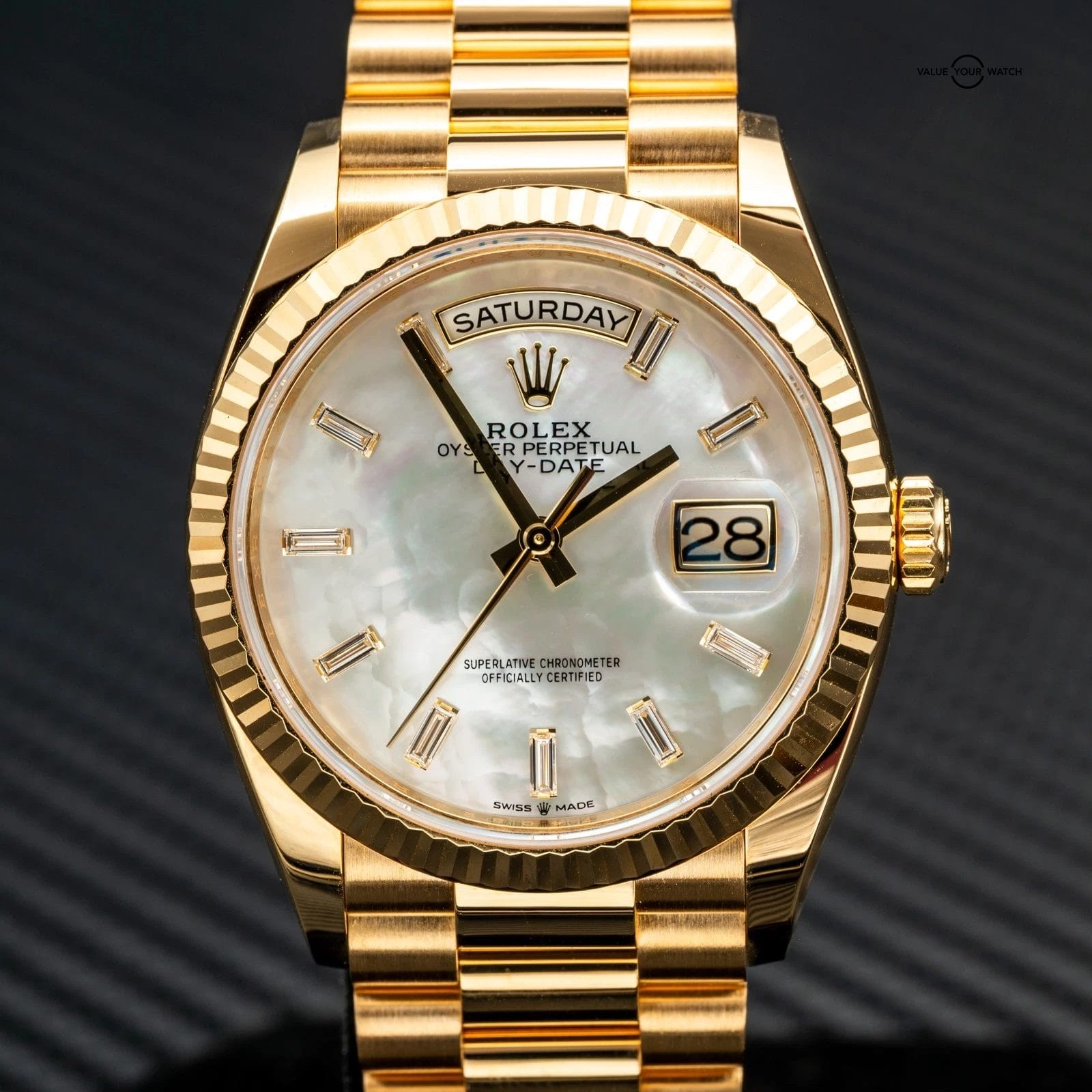 2024 Rolex Day-Date 36 128238 Mother of Pearl Dial w/ Baguettes (Yellow Gold) - Image 3