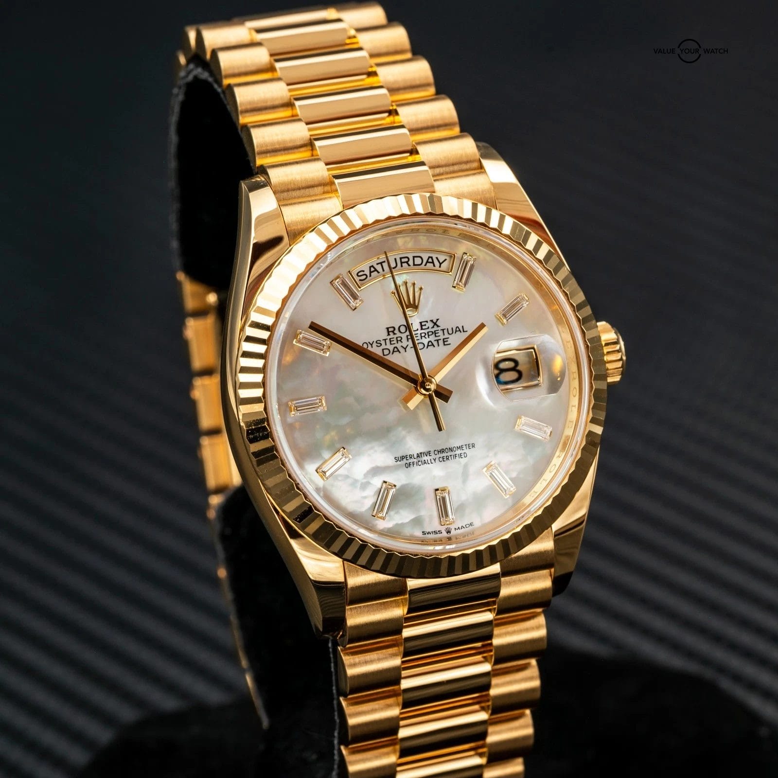 2024 Rolex Day-Date 36 128238 Mother of Pearl Dial w/ Baguettes (Yellow Gold) - Image 4