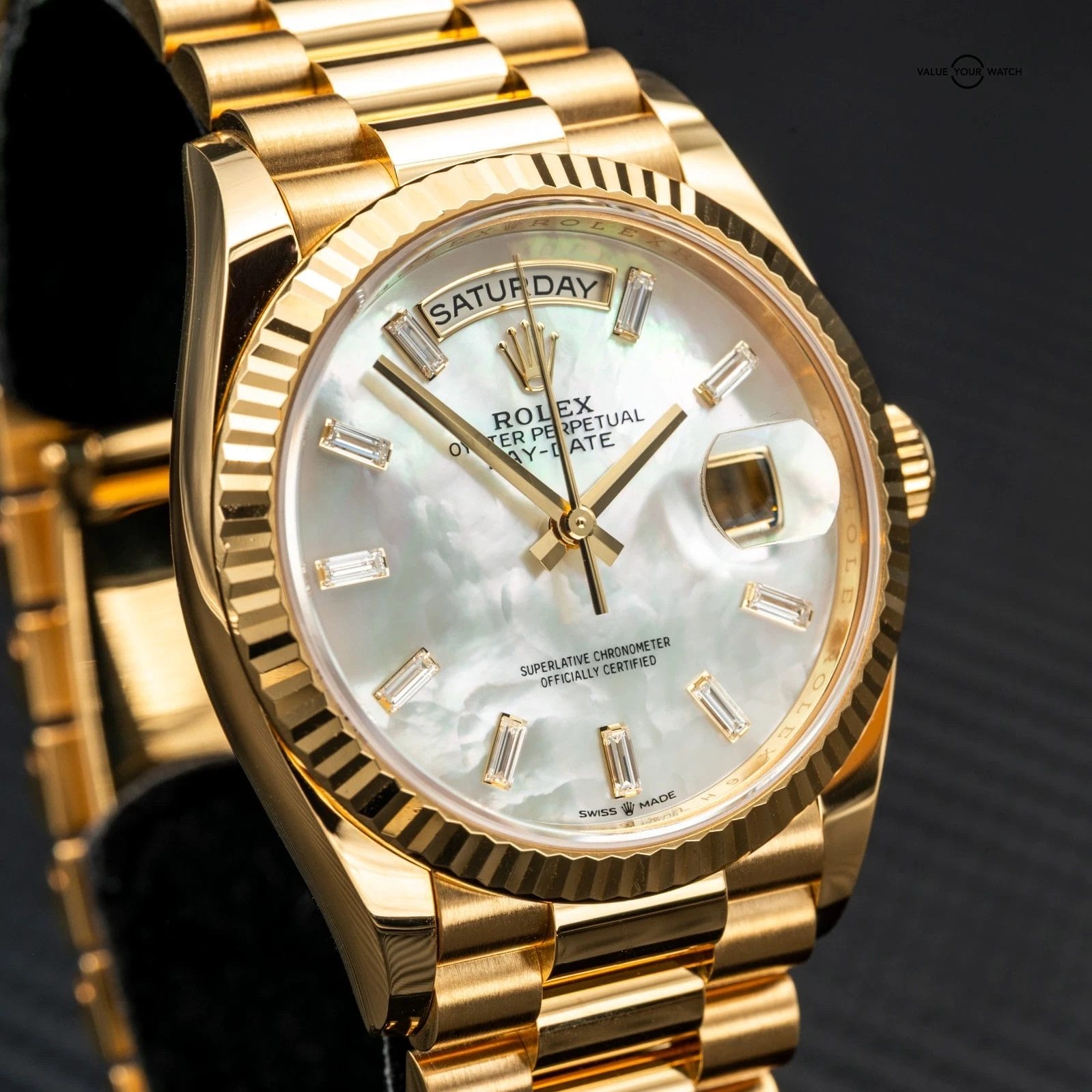 2024 Rolex Day-Date 36 128238 Mother of Pearl Dial w/ Baguettes (Yellow Gold) - Image 5