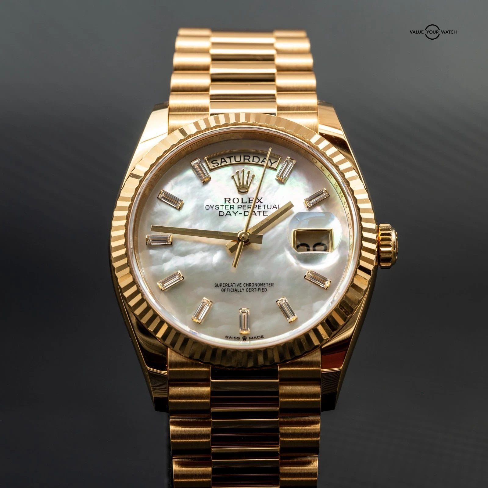 2024 Rolex Day-Date 36 128238 Mother of Pearl Dial w/ Baguettes (Yellow Gold) - Image 6