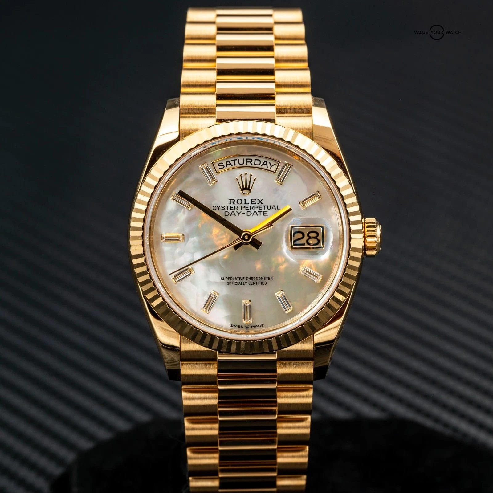 2024 Rolex Day-Date 36 128238 Mother of Pearl Dial w/ Baguettes (Yellow Gold)