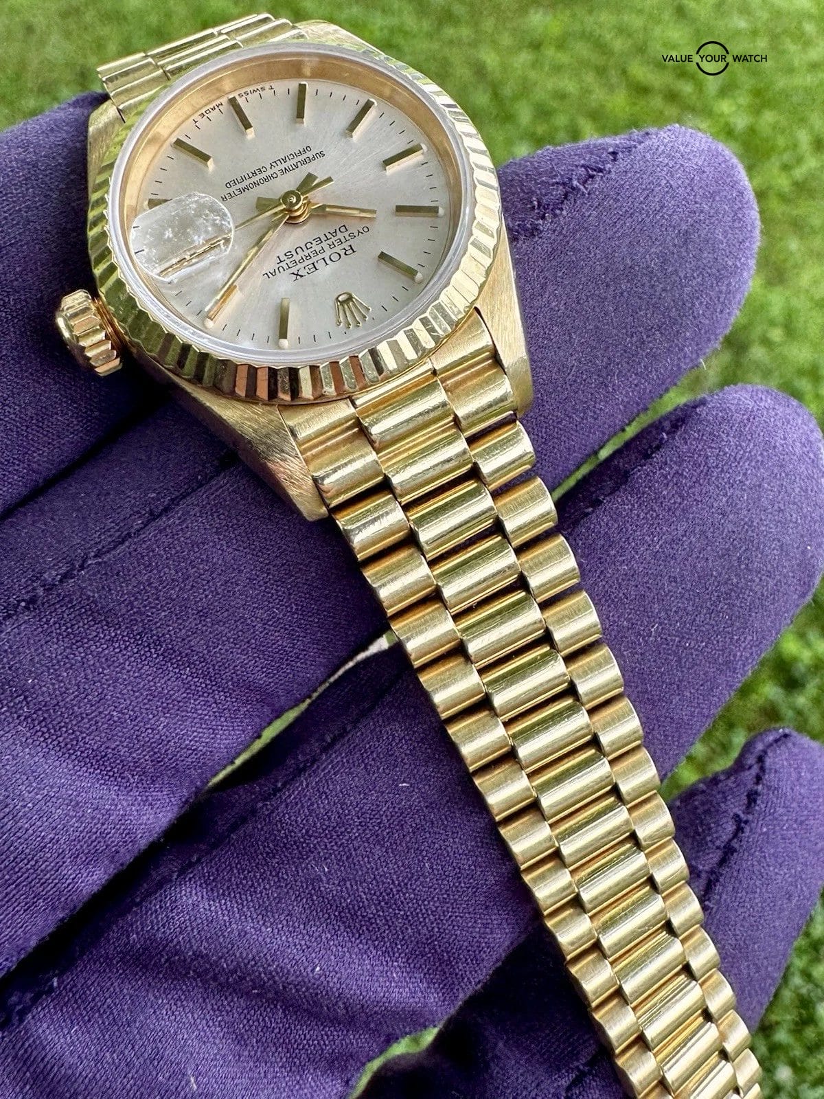 Rolex Lady-Datejust 26MM Silver Dial Yellow Gold President Bracelet (69178) - Image 7