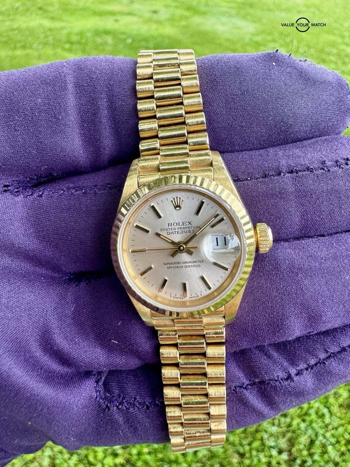 Rolex Lady-Datejust 26MM Silver Dial Yellow Gold President Bracelet (69178) - Image 10