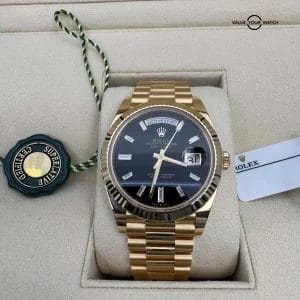 2023 UNWORN WHITE TAG Onyx Diamond Baguette Dial 18k Yellow Gold Day-Date 40